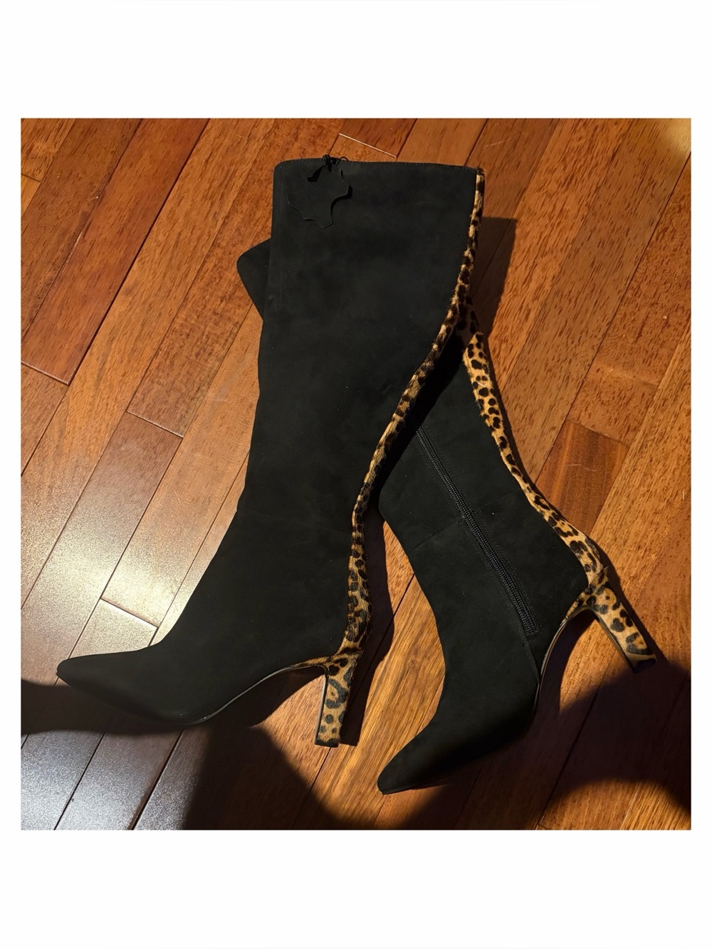 Women’s Step Flex Black Suede Knee-High Boots with Leopard Trim